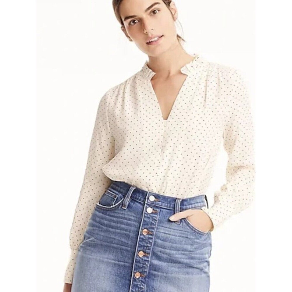J.Crew Silk ruffle-neck blouse in dot-J0273 NWOT SUNDRIED LINEN Small $148